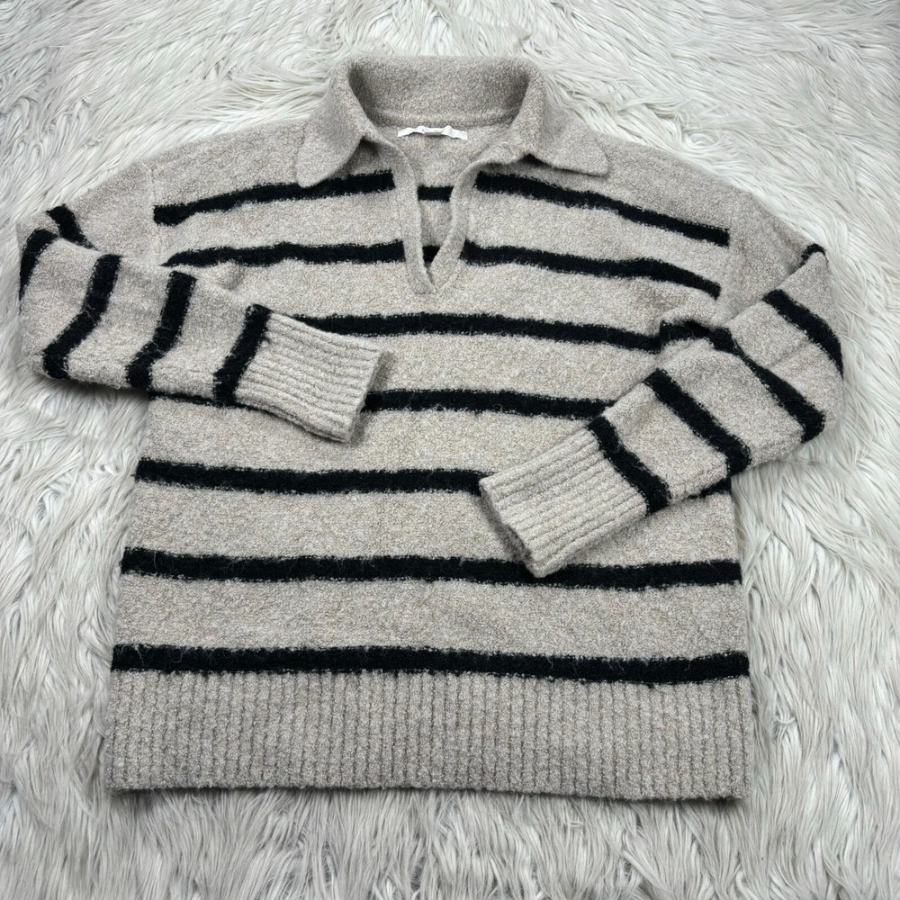 LOFT Women's S Tan Black Striped Soft Spun Polo Sweater Pullover